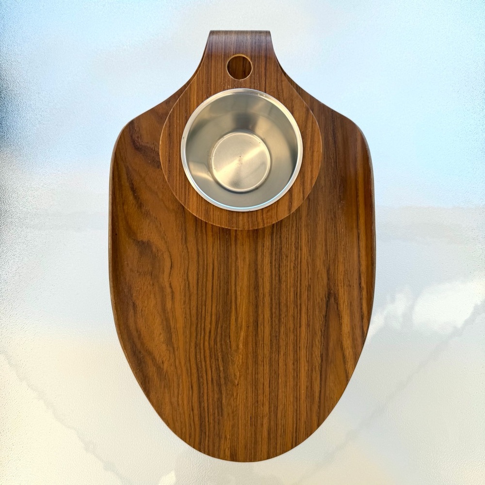 Teak Mid-Century Modern Serving Tray withStainless Steel Bowl • Charcuterie Tray - Picture 3 of 9